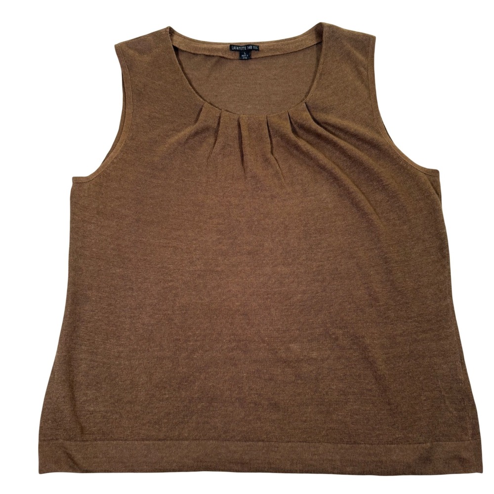 Lafayette 148 New York Brown 100% Knit Linen Pleated Scoop Neck Tank Top L